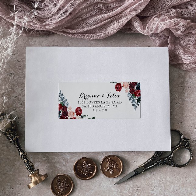 Burgundy Pink Navy Floral Wedding RSVP Address  Label (Creator Uploaded)