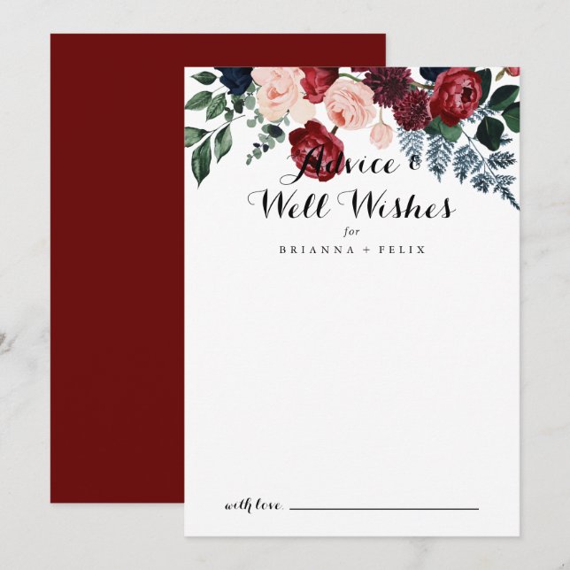 Burgundy Pink Navy Floral Wedding Well Wishes  Advice Card (Front/Back)