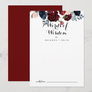 Burgundy Pink Navy Floral Wedding Words of Wisdom  Advice Card