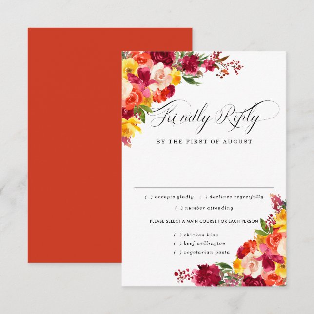 Burgundy Pink Oran Wedding RSVP Card, Meal Options (Front/Back)
