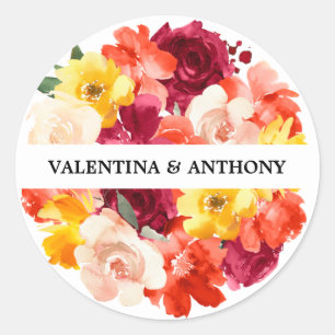 Burgundy Pink Orange Floral Fall Wedding Classic Round Sticker