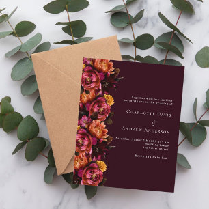 Burgundy pink orange moody wedding invitation