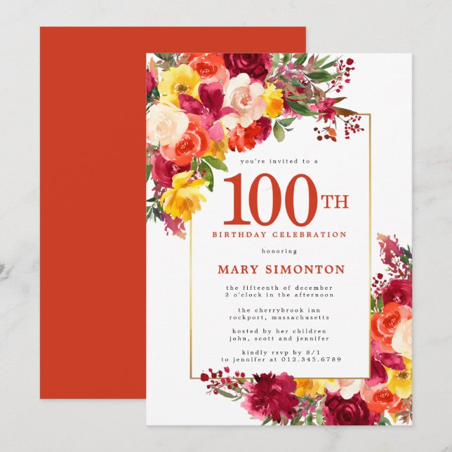 Burgundy Pink Orange Yellow Floral 100th Birthday Invitation (Front/Back)