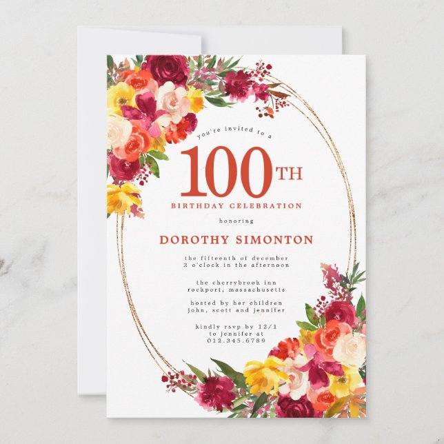 Burgundy Pink Orange Yellow Floral 100th Birthday Invitation (Front)