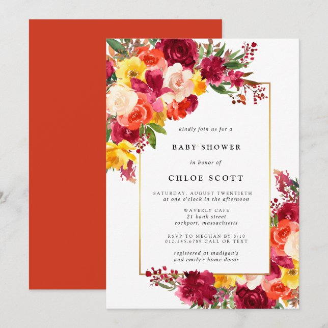 Burgundy Pink Orange Yellow Floral Baby Shower Invitation (Front/Back)