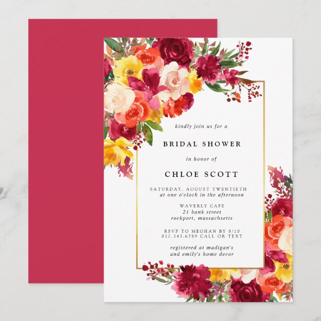 Burgundy Pink Orange Yellow Floral Bridal Shower I Invitation (Front/Back)