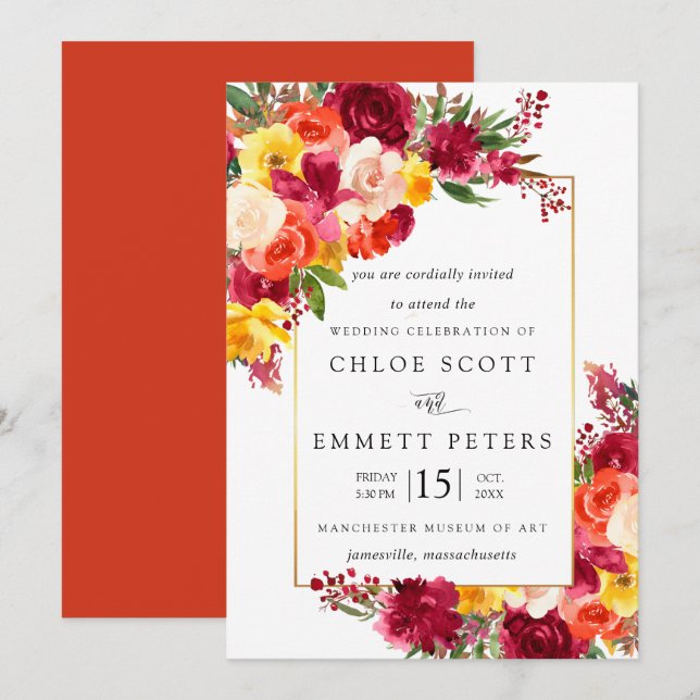 Burgundy Pink Orange Yellow Floral Wedding Invitation (Front/Back)