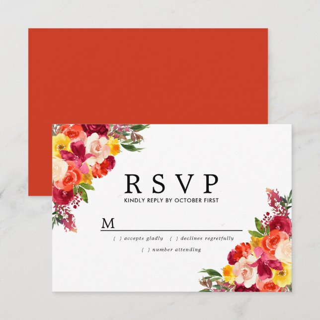 Burgundy Pink Orange Yellow Floral Wedding RSVP Card (Front/Back)