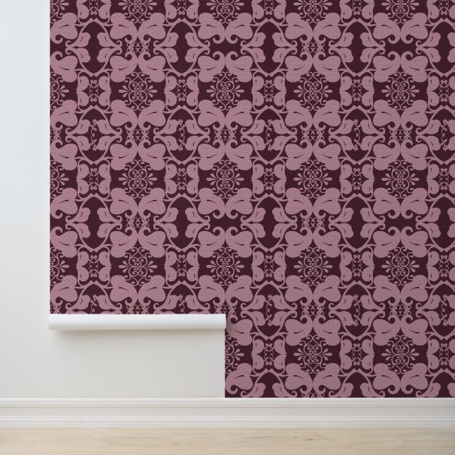 Burgundy & Pink Ornate Scroll Leaf Pattern Wallpaper (Application)