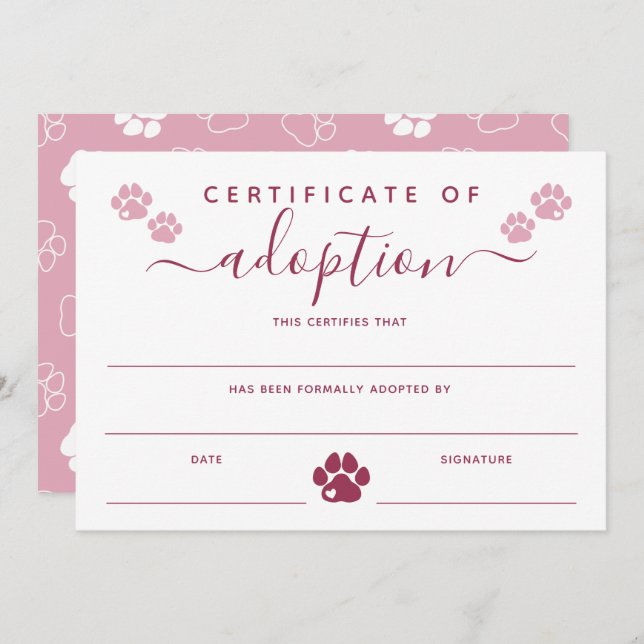 Burgundy Pink Paw Prints Certificate of Adoption (Front/Back)