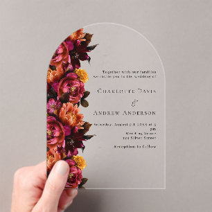 Burgundy pink peach floral arch wedding acrylic invitations
