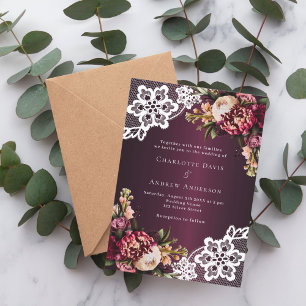 Burgundy pink peach floral lace luxury wedding invitation