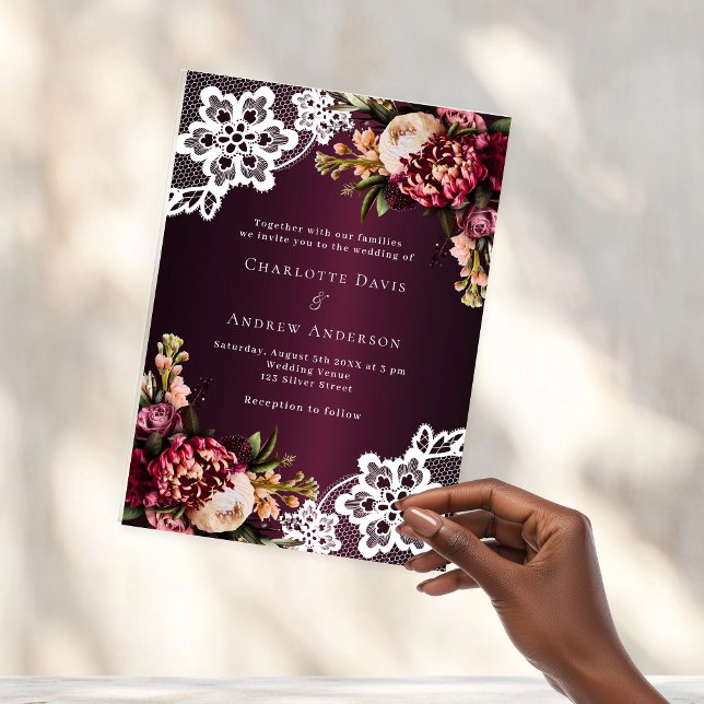 Burgundy pink peach floral lace wedding acrylic invitations (Creator Uploaded)