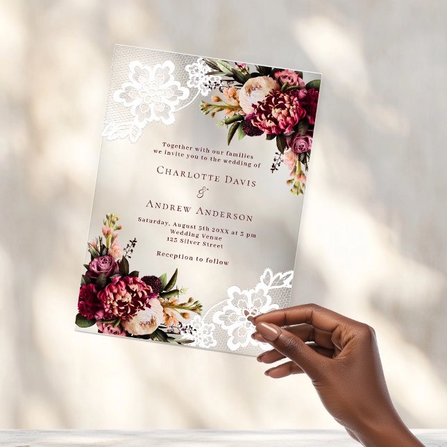 Burgundy pink peach floral lace wedding acrylic invitations (Creator Uploaded)