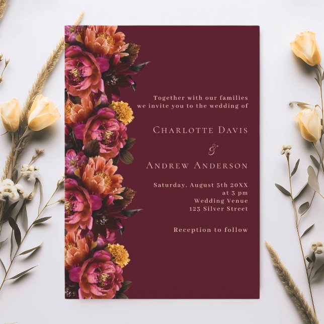 Burgundy pink peach floral luxury wedding invitation (Creator Uploaded)
