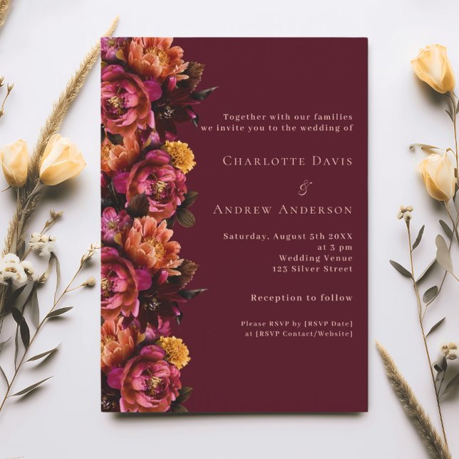 Burgundy pink peach floral luxury wedding RSVP Invitation (Creator Uploaded)
