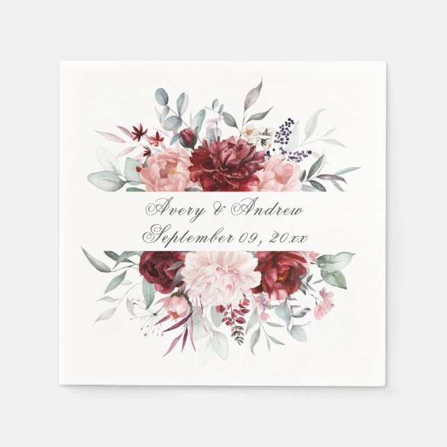 Burgundy Pink Personalised Script Wedding Napkins (Front)