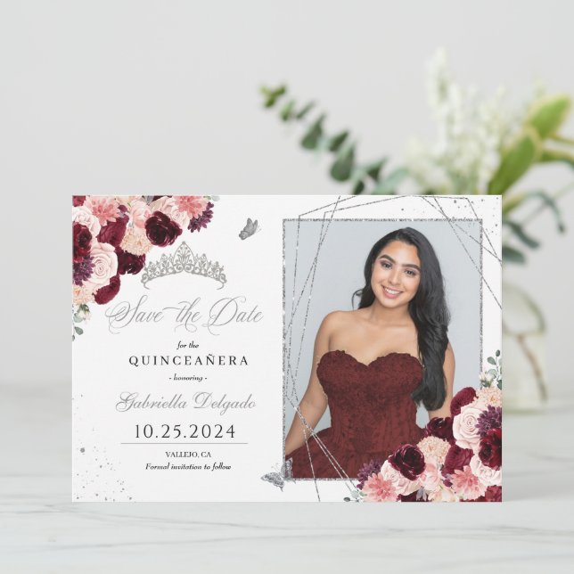 Burgundy Pink Photo Card Quinceañera Save The Date (Standing Front)