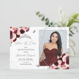 Burgundy Pink Photo Card Quinceañera Save The Date