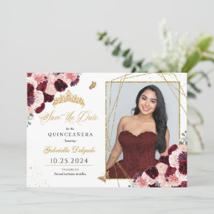 Burgundy Pink Photo Card Quinceañera Save The Date