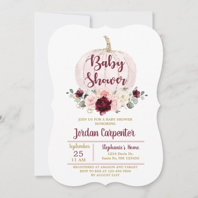 Burgundy pink Pumpkin Baby Girl Shower Invitation (Front)