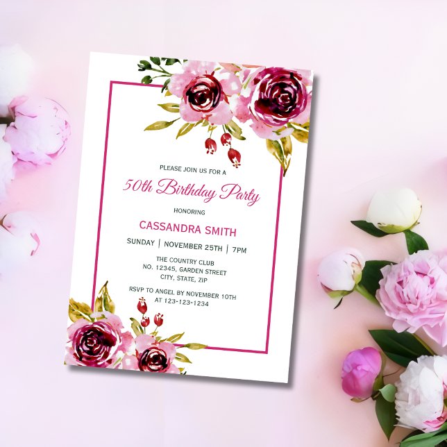 Burgundy Pink Purple Rose Rustic Floral Birthday  Invitation (Creator Uploaded)