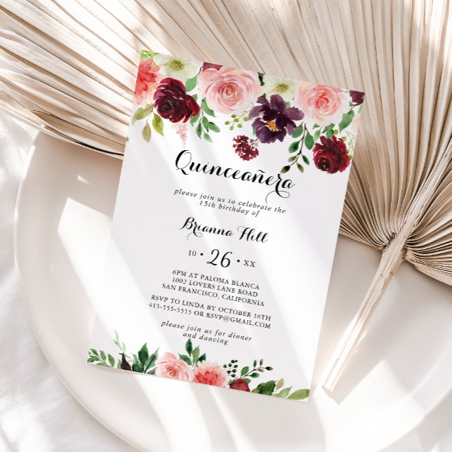 Burgundy Pink Purple Spring Floral Quinceañera Invitation (Creator Uploaded)