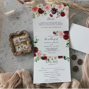 Burgundy Pink Purple Spring Floral Wedding Tri-Fold Invitation