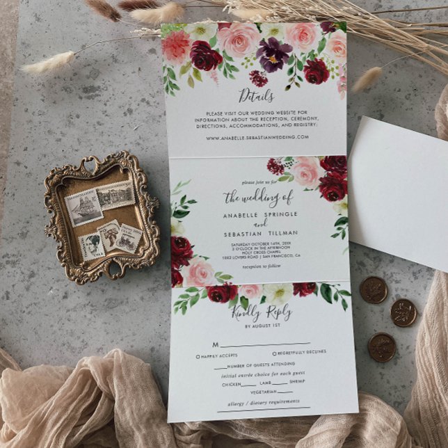 Burgundy Pink Purple Spring Floral Wedding Tri-Fold Invitation (Creator Uploaded)