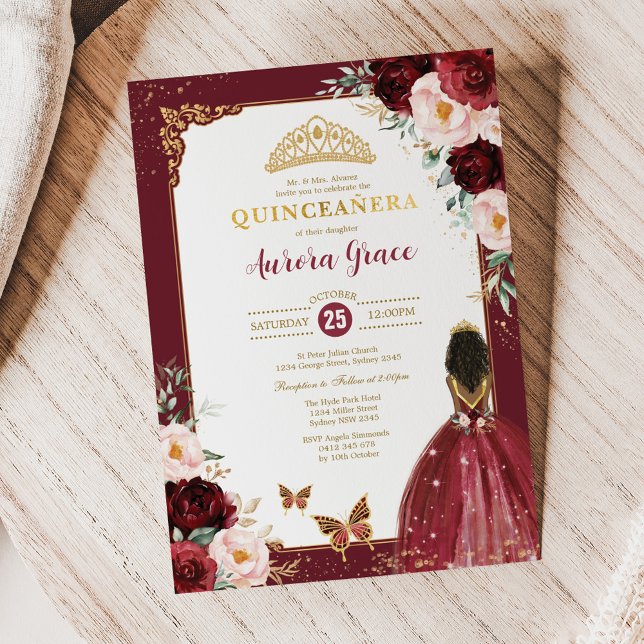 Burgundy Pink Quinceañera Princess Mis Quince Anos Invitation (Creator Uploaded)