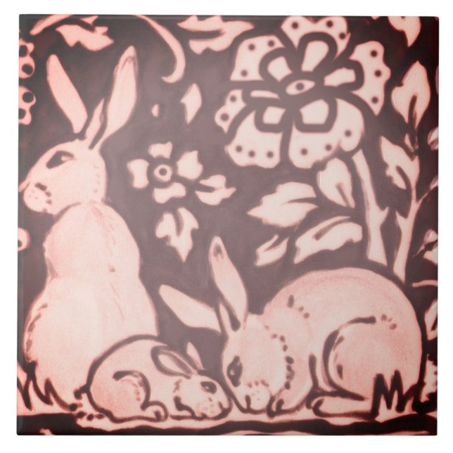 Burgundy Pink Rabbit Floral Foliage Woodland Decor Tile (Front)