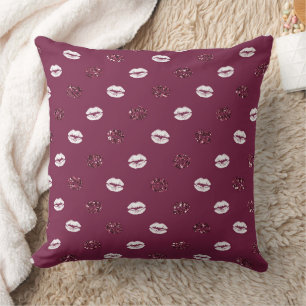 Burgundy Pink Red Glitter White Kisses Lips Cushion