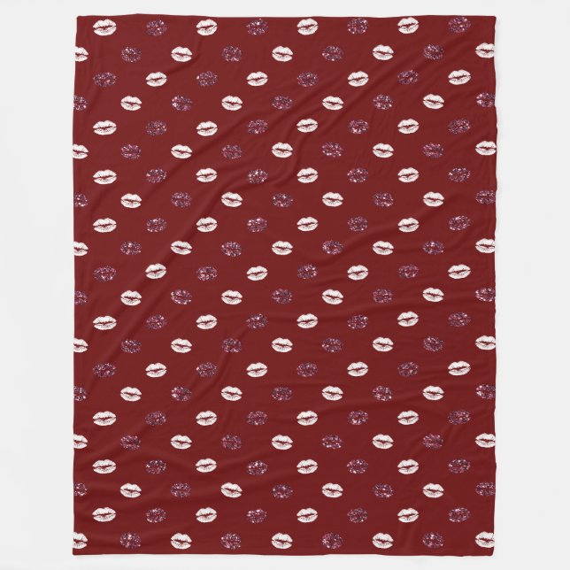 Burgundy Pink Red Glitter White Kisses Lips   Fleece Blanket (Front)