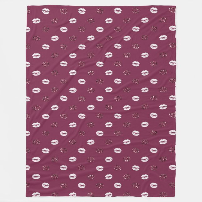 Burgundy Pink Red Glitter White Kisses Lips Fleece Blanket (Front)