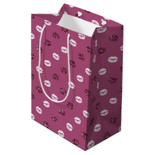 Burgundy Pink Red Glitter White Kisses Lips  Medium Gift Bag