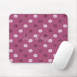 Burgundy Pink Red Glitter White Kisses Lips Mouse Mat