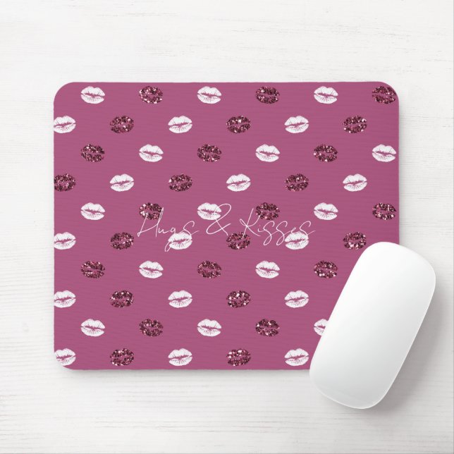 Burgundy Pink Red Glitter White Kisses Lips Mouse Mat (With Mouse)