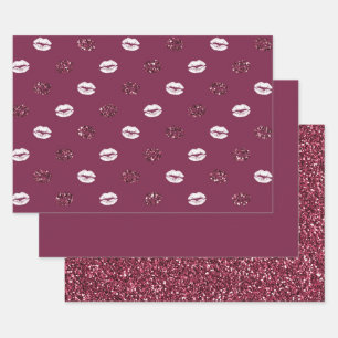 Burgundy Pink Red Glitter White Kisses Lips     Wrapping Paper Sheet