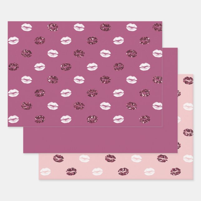 Burgundy Pink Red Glitter White Kisses Lips   Wrapping Paper Sheet (Set)