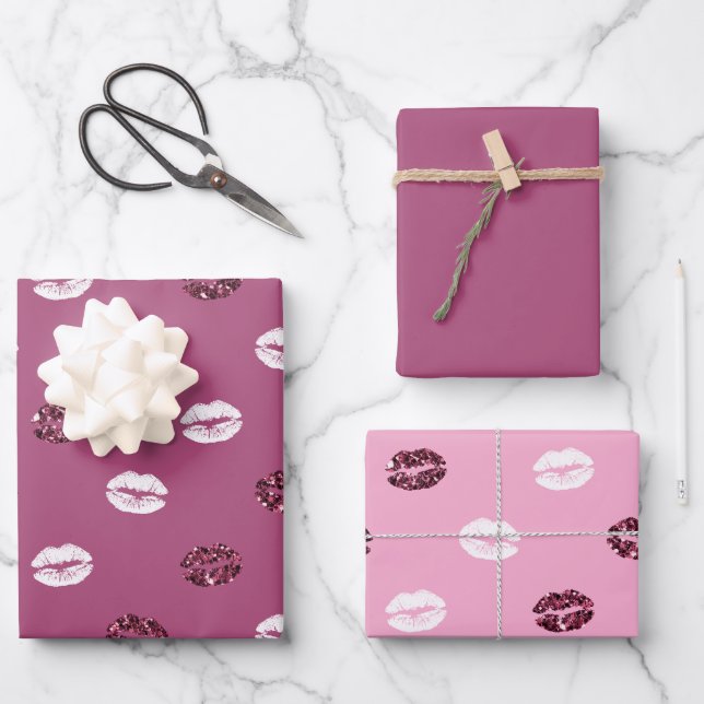 Burgundy Pink Red Glitter White Kisses Lips   Wrapping Paper Sheet (Front)