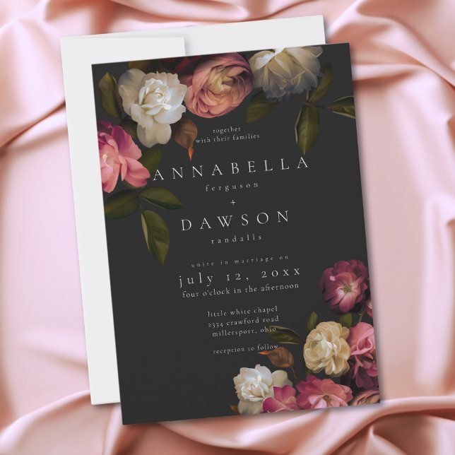 Burgundy & Pink Romantic Rose Black Moody Wedding Invitation (Burgundy & Pink Romantic Rose Black Moody Wedding)