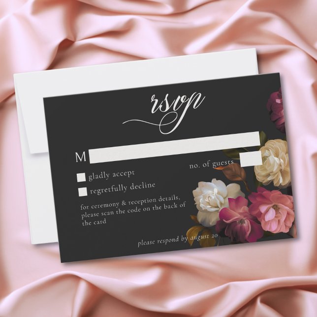 Burgundy Pink Romantic Rose Black Moody Wedding QR RSVP Card (Burgundy & Pink Romantic Rose Black Moody Wedding QR RSVP Card)