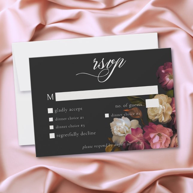Burgundy & Pink Romantic Rose Black Moody Wedding RSVP Card (Burgundy & Pink Romantic Rose Black Moody Wedding RSVP Card)
