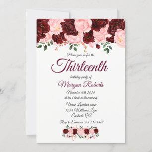 Burgundy Pink Rose 13th Birthday Party Invite