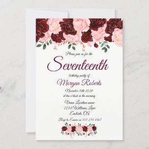 Burgundy Pink Rose 17th Birthday Party Invite