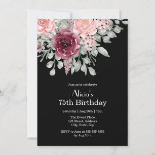 Burgundy Pink Rose Elegant Flora 75th Birthday Invitation