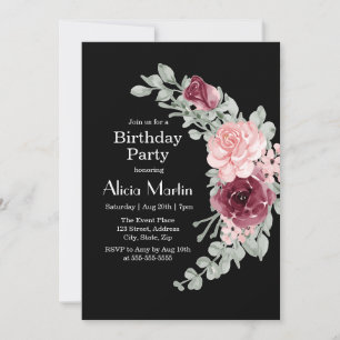 Burgundy Pink Rose Elegant Flora Birthday Party Invitation