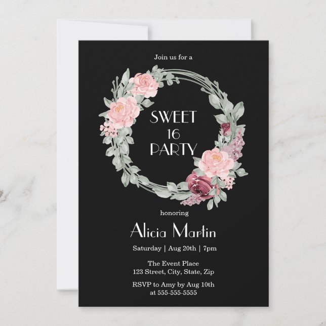 Burgundy Pink Rose Elegant Flora Sweet 16 Birthday Invitation (Front)