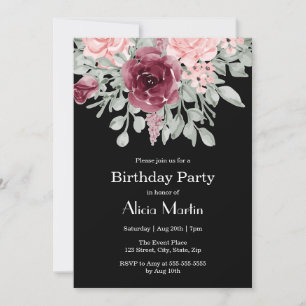 Burgundy Pink Rose Flora Black Birthday Party Invitation