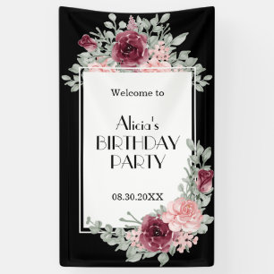 Burgundy Pink Rose Flora Black Happy Birthday Banner